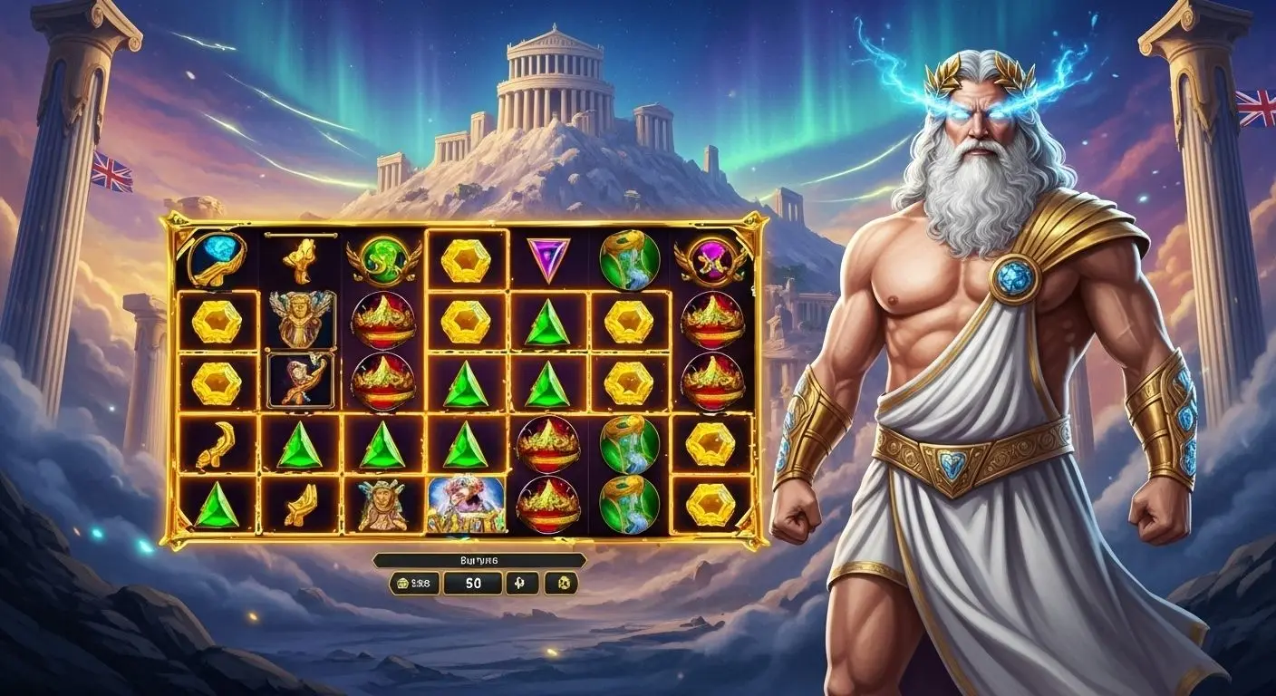 Mythological slot interface with Zeus and Mount Olympus in golden light